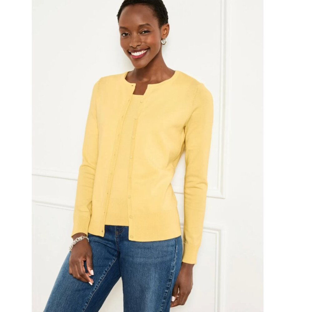 TALBOTS Women’s Yellow Lightweight Pima Cotton Cardigan Sweater Size M pockets